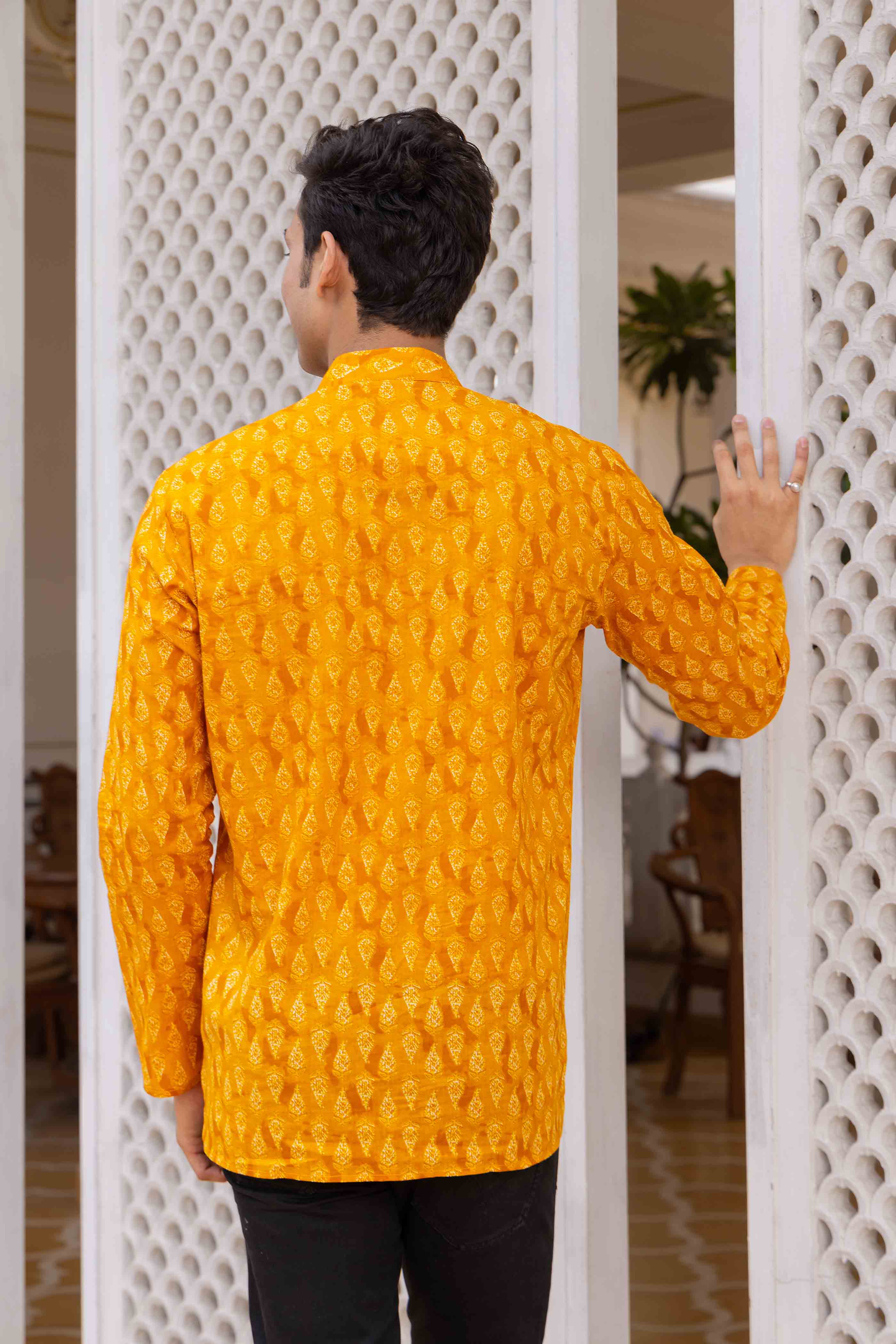 Yellow Motif Printed Cotton Short Kurta